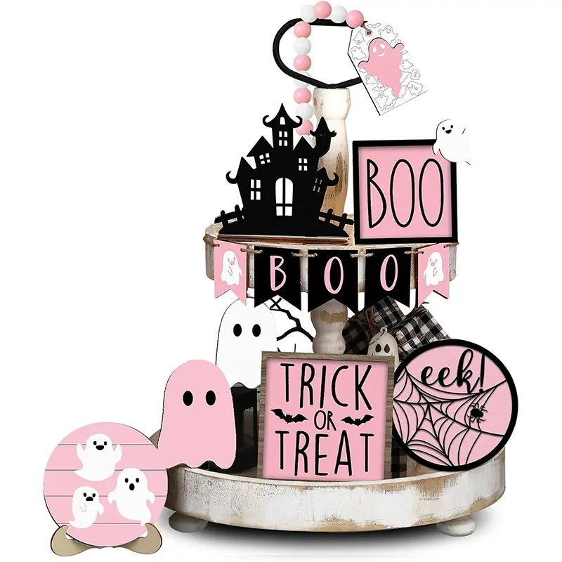15-Piece Halloween Layered Tray Decor Set, Cute Ghost Design Wooden Signs, Farmhouse Country Home Table Party Supplies ( Ghosts), Party Decoration Supplies