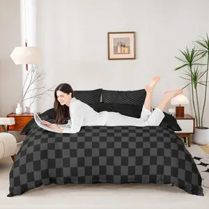 Black and Gray Checkered Duvet Cover,Geometric Plaids Grids Simple Bedding Set for Boys Girls,Abstract Checkerboard Buffalo Squares Comforter Cover(No Filler)