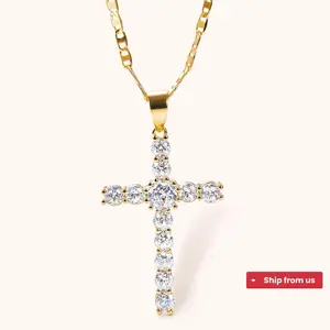 Cross Pendant Necklace 5A Zircon Sparkling Exquisite Noble Elegant Perfect Jewelry Gift for Women Gold Tone