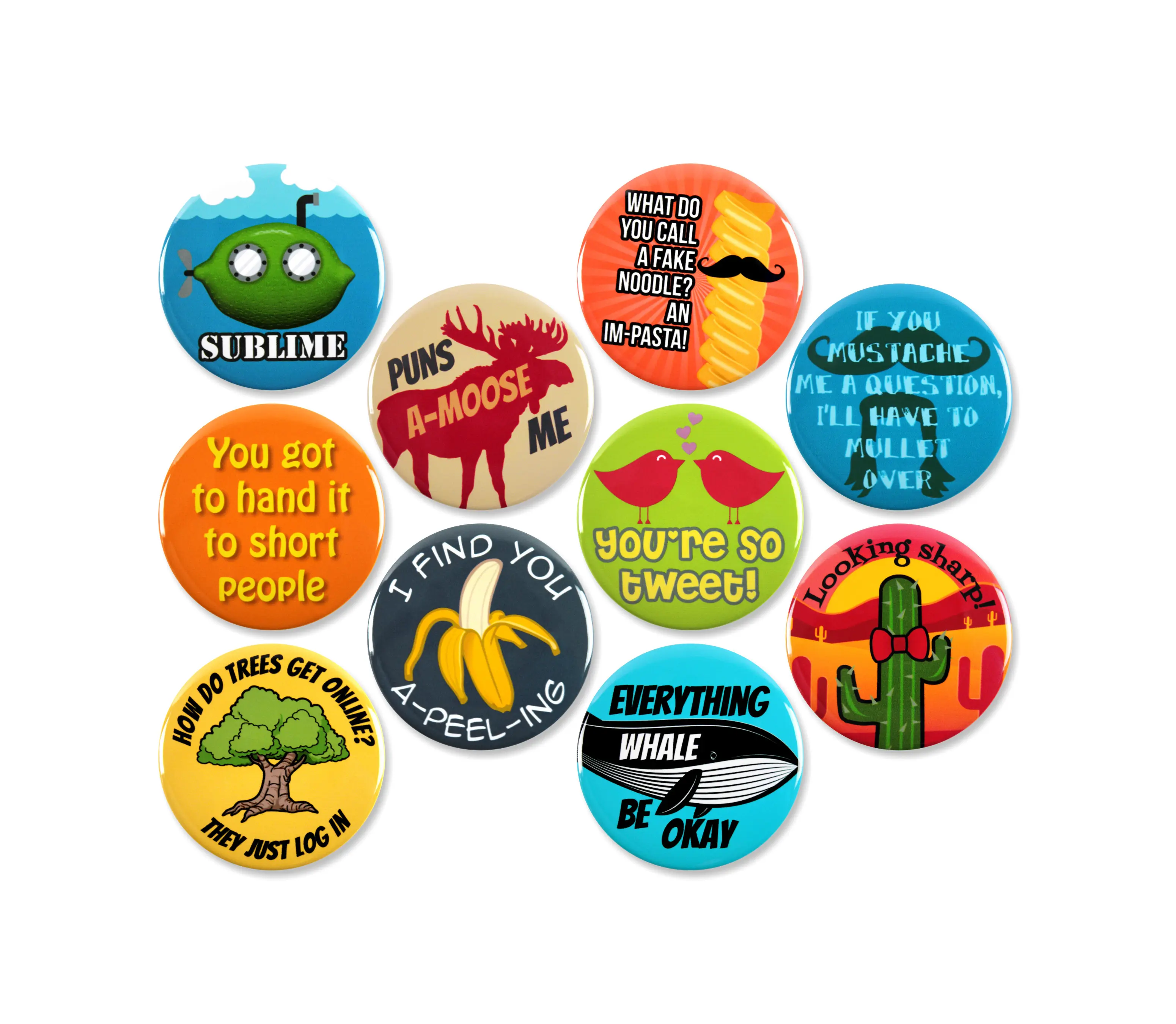 10 Pack - Quirky And Cute Puns Pinback Buttons - 2.25 Inch