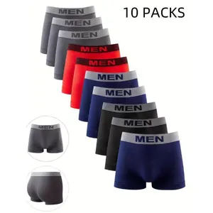 10pcs Men's Boxer Briefs, MEN Letter Waistband Breathable Comfy Boxer Trunks, Elastic Sports Shorts, Men's Casual Underwear Daily Bottom Wear