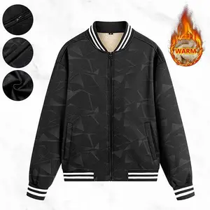 Men's baseball collar jacket with geometric pattern design, fleece lining for warmth and skin-friendly comfort, zipper closure for easy on and off, ribbed cuffs to lock in heat, versatile for daily outings and commuting, a stylish youthful personalized ja
