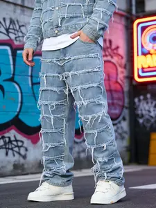 SRETOUU New Men’s Fashion High Street Distressed Baggy Straight Jeans Streetwear Men Solid Color Loose Denim Pants Menswear Vintage Trouser