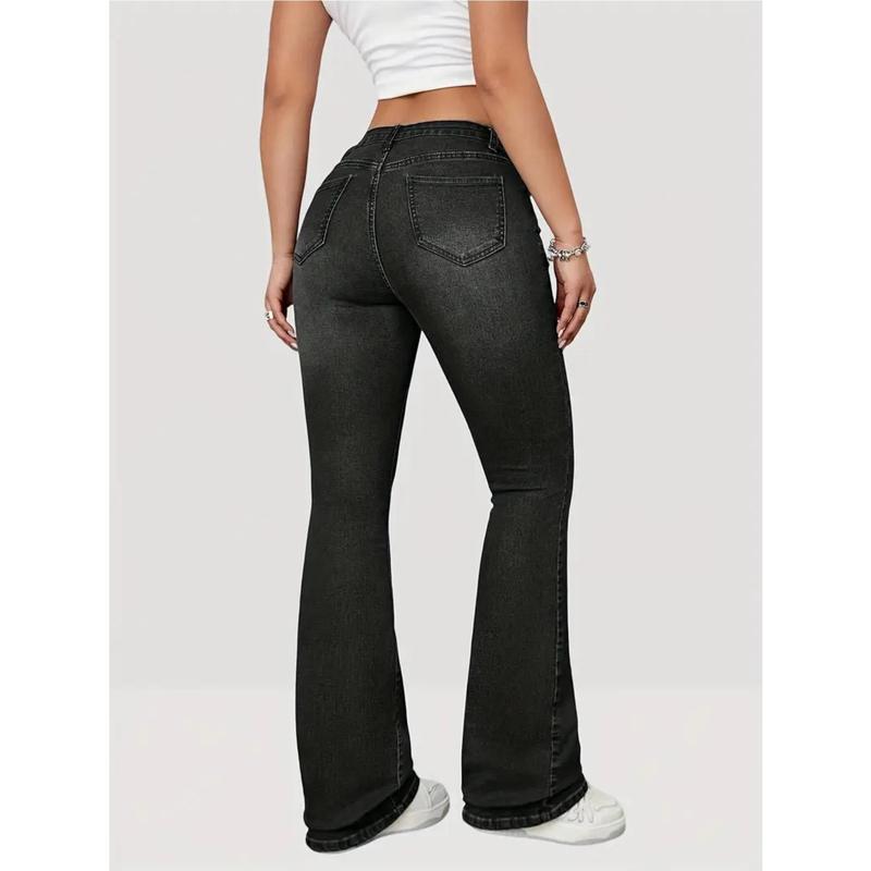 Women's Plus Size High-Waisted Stretch Flared Jeans - Vintage Black Tight-Fitting Bell-Bottoms with 9/10 Length, H-Line Silhouette & Built-In Zipper Closure, All-Season Elegant Casual to Semi-Formal Pants (Machine Washable)