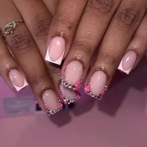 24pcs Short Square Press-On Nails, French Lace Glitter Design, Includes Jelly Glue & Nail File, Reusable for Parties and Daily Wear, DIY Nail Art