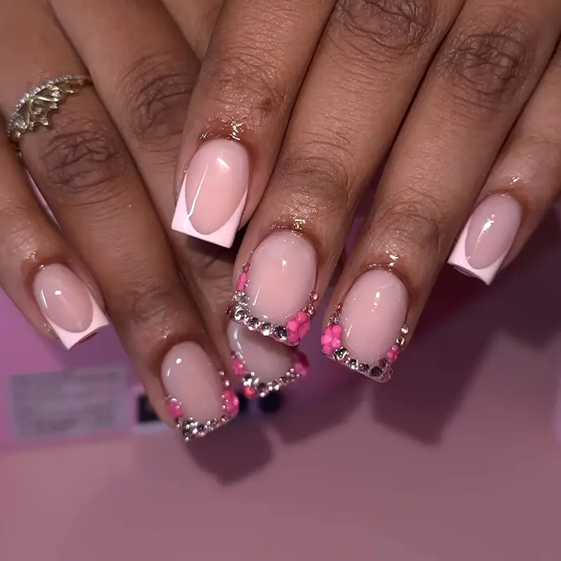 24pcs Short Square Press-On Nails, French Lace Glitter Design, Includes Jelly Glue & Nail File, Reusable for Parties and Daily Wear, DIY Nail Art, DIY Fake Nails