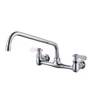 WOWOW Commercial Double Handle Wall Mounted Standard Kitchen Faucet with 14 in . Swivel Spout in Polished Chrome