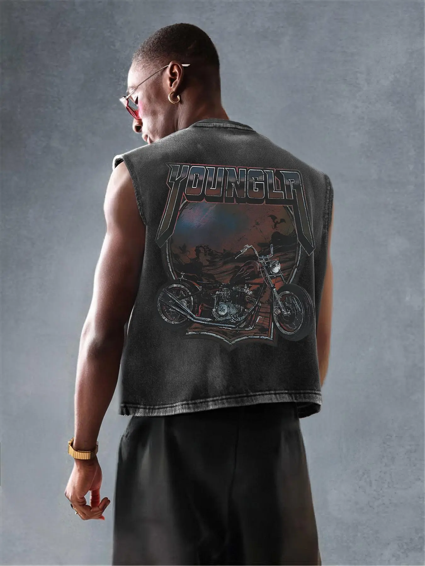 Men's Regular Fit Motorcycle & Letter Print Graphic Waistcoat Vest Jacket, Casual Denim-effect Print Sleeveless Outerwear for Summer, Fashion Men's Clothes for Daily Wear, Tops, street style vest, Menswear