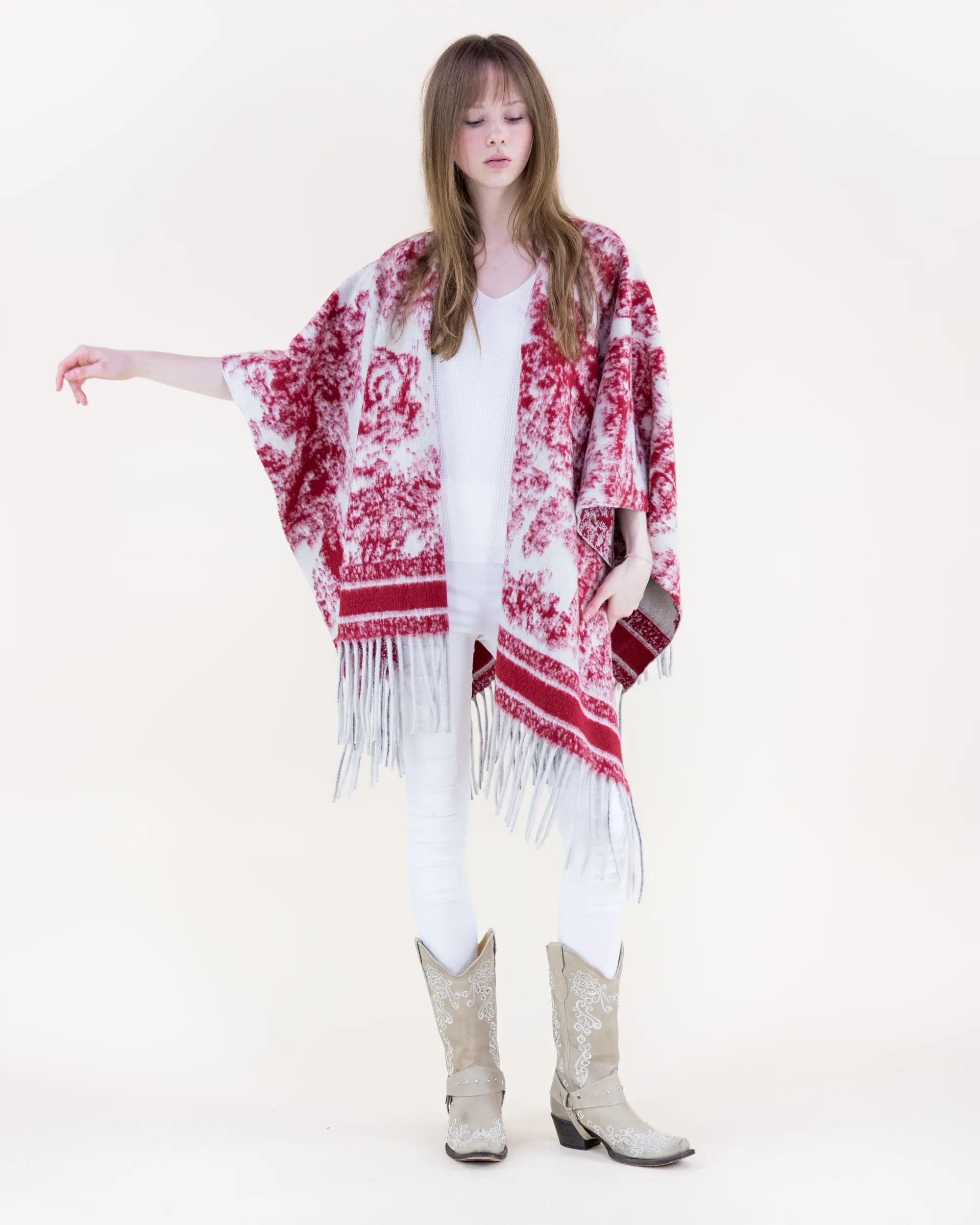 Cozy Women's Classic Vintage Floral Cashmere-Feel Fringe Shawl Wrap Ruana Wrap Boho Acrylic Blend Soft Woven Texture Open Front Cape-Style Fringed Hem