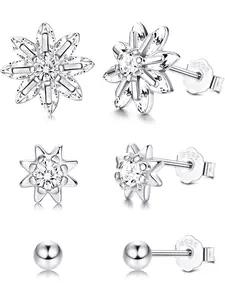 3 Pairs Sterling Silver Stud Earrings - 18K Gold Plated Flower Ball Small Stud Earrings Set Cubic Zirconia Stud Earrings for Women