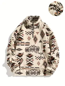 Men's Winter Warm Fleece Half Zip Cardigan Ethnic Style Long Sleeve Pullover with Kangaroo Pocket Loose Fit Stand Collar Casual Jacket for Spring,Autumn,Home,Daily Life,Outdoor Activities Sweatshirts, Hoodie Tops, Streetwear Trendy Versatile Menswear