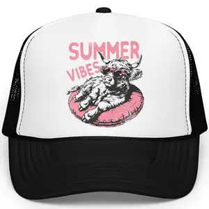 Summer Vibes Highland Cow Trucker Hat for Women - Funny Floating Cow Snapback - Distressed Retro Cow Adjustable Cap - Gift for Mom
