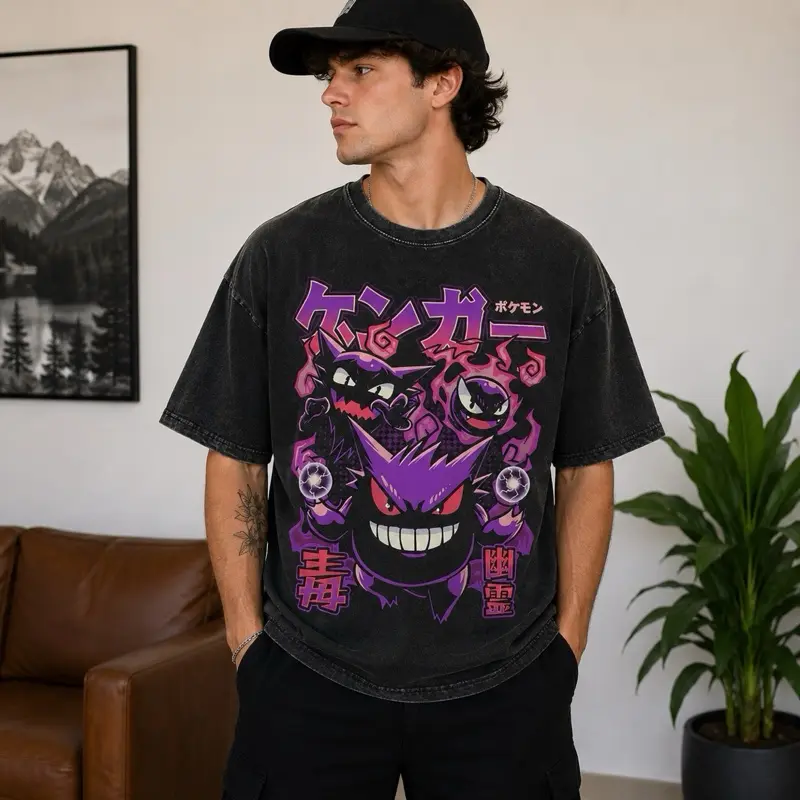 Gengar Ghost Type Anime Japanese Mineral Wash T-Shirt, Oversized, Graphic Tee, Gifts for Him, Father's Day, Birthday, Christmas Gifts Crewneck Menswear