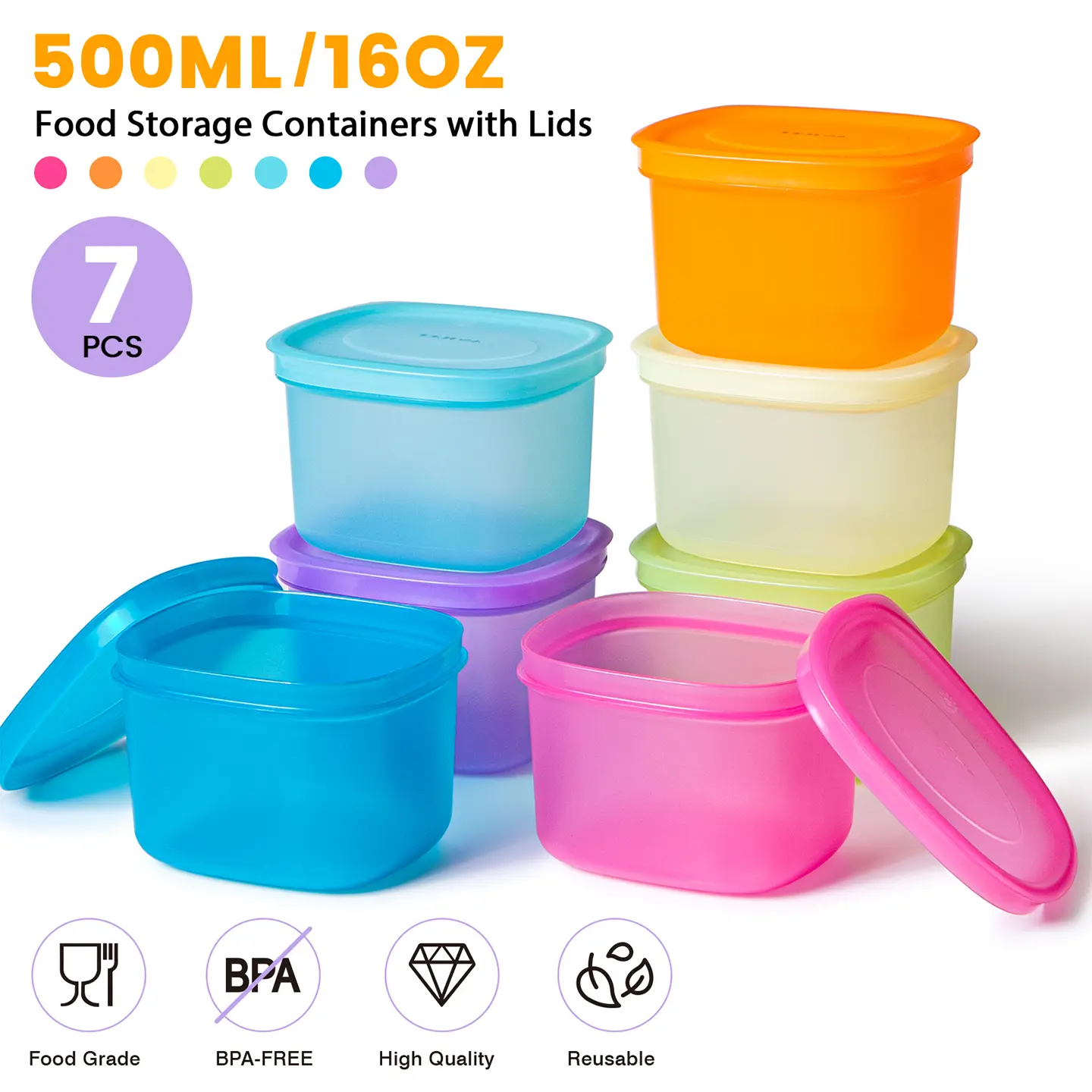 7-Pack Meal Prep Containers (500ml / 16oz) — Reusable Plastic Food Storage with Lids for Portion Control & School Lunches, Microwave/Freezer Safe Stackable Bento Box