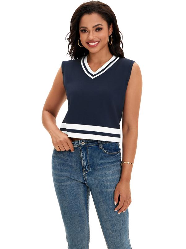 ATHLECHIC Women's Summer Crop Tops Knit Vest Color Block Sleeveless V Neck Tank Tops Loose Fit Tops Dark Blue White