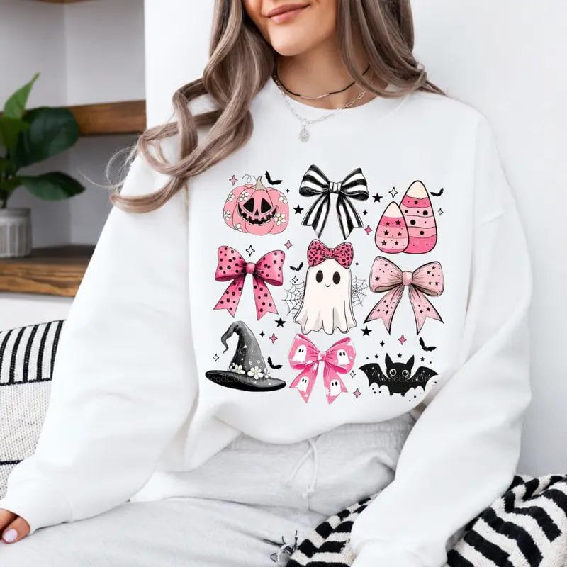 Pink Bow Ghost Halloween Sweatshirt, Cute Pumpkin Candy Corn Witch Hat Graphic Sweatshirt and Coquette Spooky Season Pullover, Halloween Gift for Women | GHINI