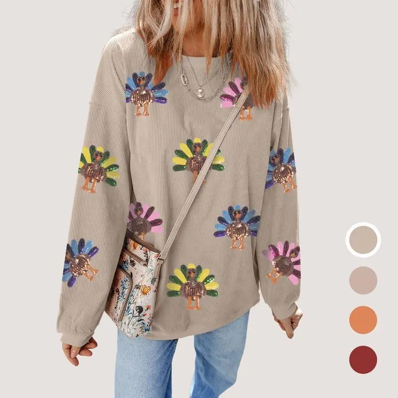 Women's Sequin Turkey Graphic Corded Drop Shoulder Thanksgiving Day Baggy Sweatshirt, Glitter Christmas Fashion Pattern Festive Pullover