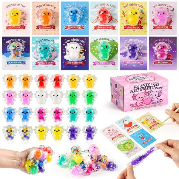 24 Pcs Valentine’s Day Gifts for Kids, Axolotl Stress Ball Fidget Toys with Valentine Cards, Squishy Relief Balls Bulk, School Classroom Exchange Party Favors