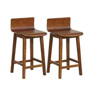 COSTWAY - 24.5 Inch Swivel Wooden Bar Stools Set of 2 with Rubber Wood Legs and Low Back-Walnut
