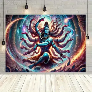 1pc Vibrant Shiva Dance Mythology Backdrop - 2D Flat Printing Banner, Cosmic Blue & Purple Design, Polyester Fabric Wall Hanging for Home Decor, Parties, Studios, Indoor & Outdoor Celebrations, Indian Wall Art