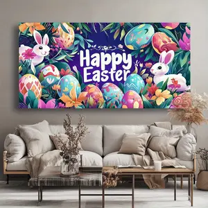 Easter Celebration Canvas Wall Art - Modern abstract floral and Easter egg design, solid wood edging frame, high quality scenery print, suitable for living room, bedroom, office, kitchen wall decoration.