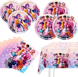 K-Pop Devil hunter7-piece birthday party decorating tableware set, disposable decorating set, includes banner, plates, cups, napkins, and tablecloth.