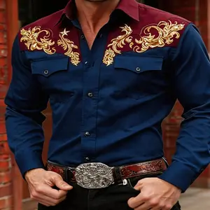 2026 Menswear Casual Long Sleeve Shirt for Men, Golden Scroll Pattern Print Western-Style Top with Stretch Fabric, Rugged Cowboy Vibe, Breathable, Wrinkle-Resistant, Easy to Maintain, Dual Practical Pockets