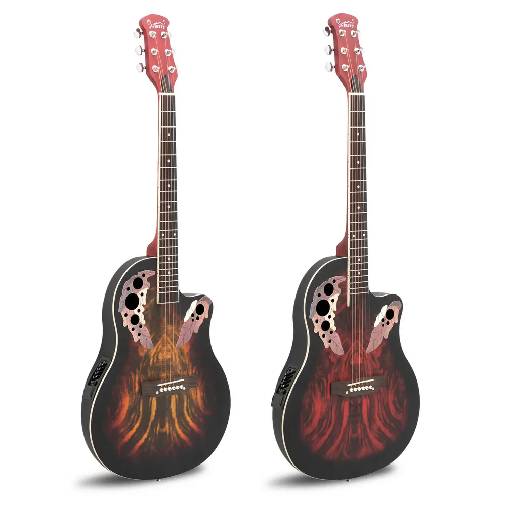 41 in Full-Size Cutaway Acoustic-Electric Guitar for Beginners - Spruce Top, Grape Soundhole, Round Back, Sunset Red Finish, Durable Wood Body, Steel Strings, Tuning Pegs, USB Audio Interface, USB Audio Mixer, 20 Frets, 2 lbs, ABS Plastic, Batteries