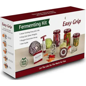Mason Jar Fermentation Kit -  Grade Fermenting  for Wide Mouth Mason Jars, includes Easy Grip Fermenter  4-Pack, Weights and Pump - a  Starter Sauerkraut Fermenting Kit,