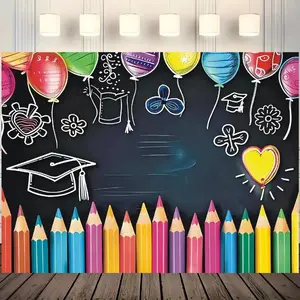 Blackboard Themed Party Background Banner, 1 Count Colorful Balloon & Graduation Cap Pattern Backdrop, Wall Decoration for Home Party Graduation Ceremony