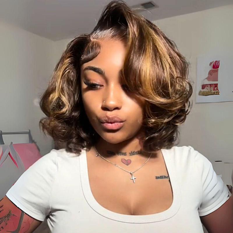 Menglle Side Part Honey Blonde Highlight 7x6 Pre Cut Lace Bouncy Body Wave Bob Wig Human Hair Wigs Natural And Voluminous#springfresh#GiftedInLove
