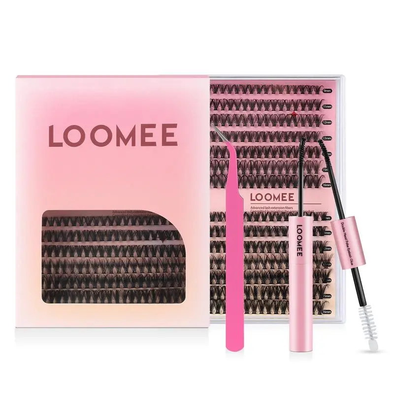 LOOMEE DIY Lash Extension Kit 280 PCS Individual Clusters - C/D Curl 9-15mm Bond and Seal Professional Lash Tools