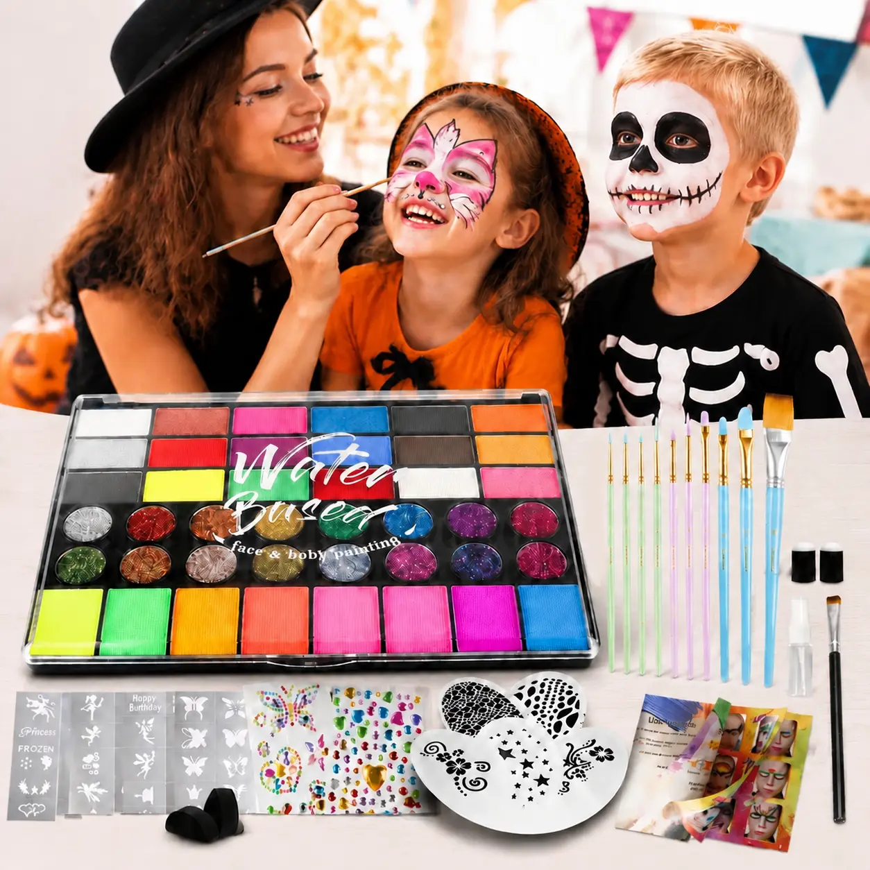 42 Color Face Painting Kit for Kids - Gentle and Non-Irritating Full Set of Facial Watercolor, Non-Toxic Water Activated Face and Body Paint Palette with Stencils Brush Sponges , for Halloween Carnival Party Costume Makeup