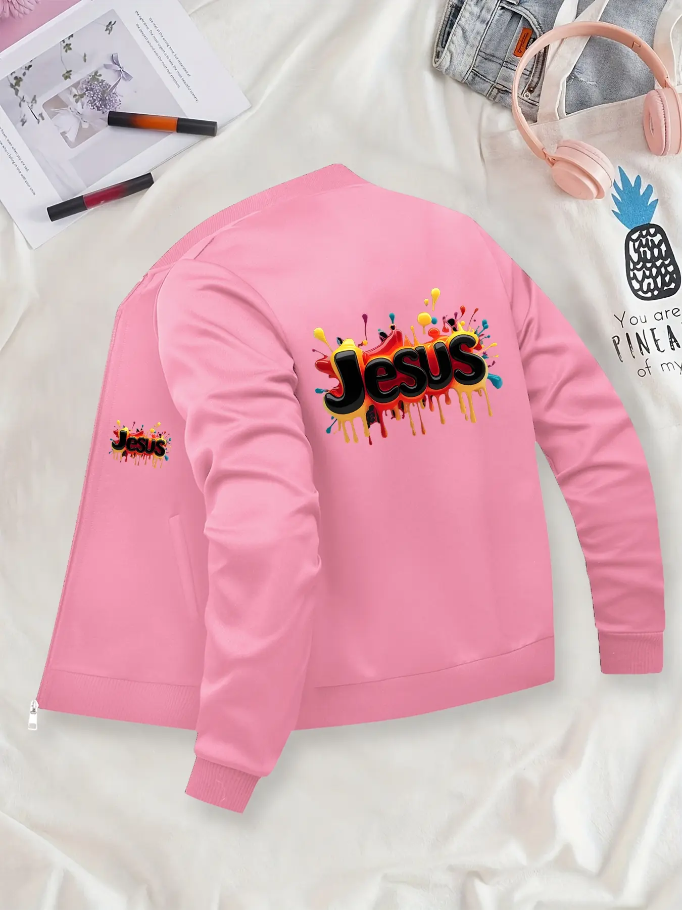 Jesus Printed Bomber Jacket - Casual Zip-Up Outerwear, Suitable for Casual Outdoor Sports, Fashionable & Durable for All Seasons, Ideal for Daily Activities, Gifting, Gatherings & Work.