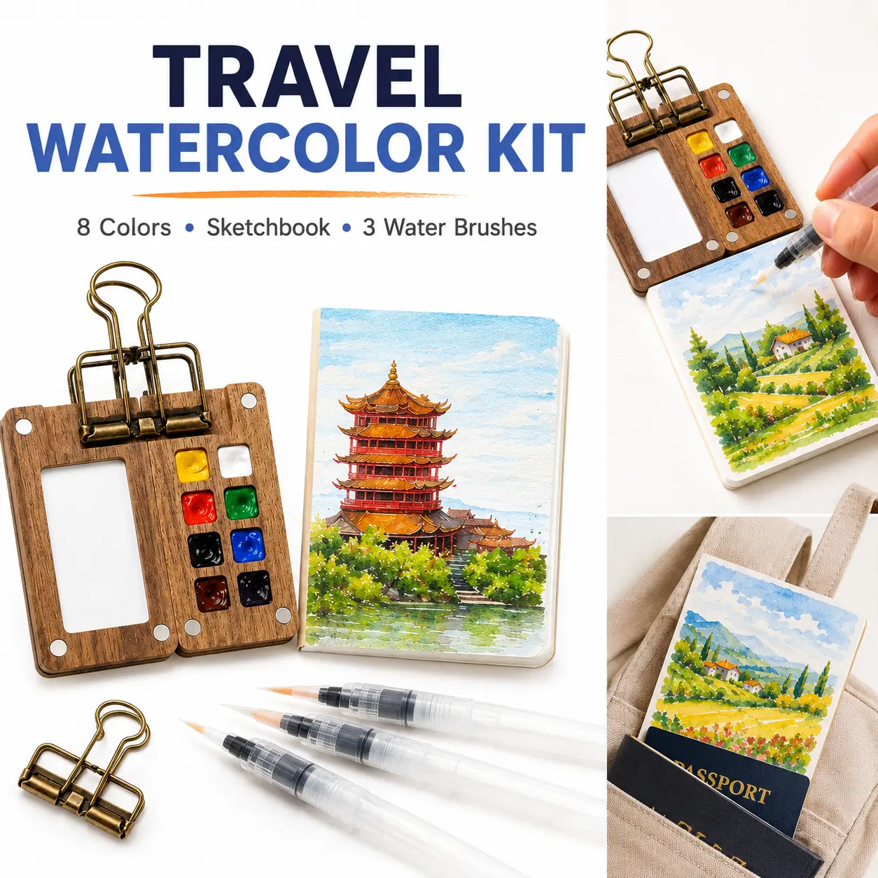 Mini Watercolor Travel Art Set with 8-Well Walnut Wood Palette, Binder Clip, Pocket Sketchbook and 3 Refillable Water Brush Pens for Beginners and Artists