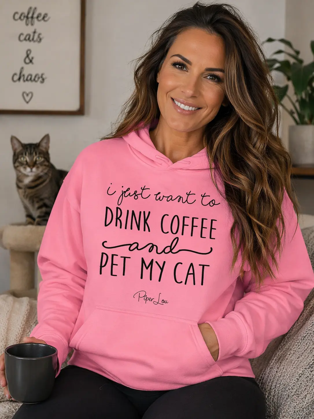Women's Soft Athletic Graphic Hoodie Sweatshirt - "I Just Want To Drink Coffee And Pet My Cat" Print, 50% Cotton 50% Polyester Yarn-Spandex Fabric, Drawstring, Pocket, Matching Design, Evening Casual, Long Sleeve, Sporty Chic, Made in USA, Women's Tops