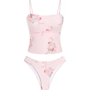 Tankini Swimsuits for Women Bow Tie Side Bathing Suits Tummy Control High Cut Two Piece Bikini Sets