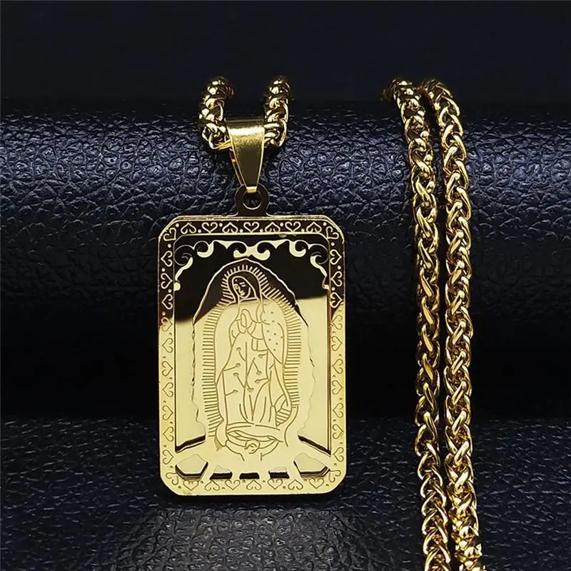 GGIRL Retro 18K Gold-Plated Square Hang Tag Virgin Mary Prayer Pendant Necklace Stainless Steel Hip-Hop Jewelry for Women Ideal Christmas Gift