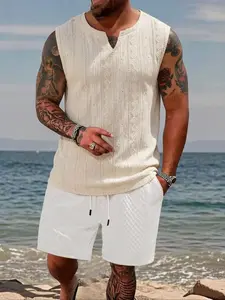 Men's Summer Beach Knitted Sleeveless Vest, Small V Neck Breathable Knit Tank Top, Holiday Street Casual Style, Loose Fit Outdoor Daily Wear