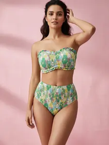 Women's Cute Bandeau Bikini Set, Floral Pattern, High Waist, Sleeveless, Fitted, Casual Style, All Seasons Swimwear, Floral Print Bikinis