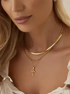 Cross Vintage New Gold Color Multiple Styles Glitter Cross Pendant Necklace For Women Boho Trendy Multi-Layer Crystal Pendant Necklaces Set Jewelry Gifts