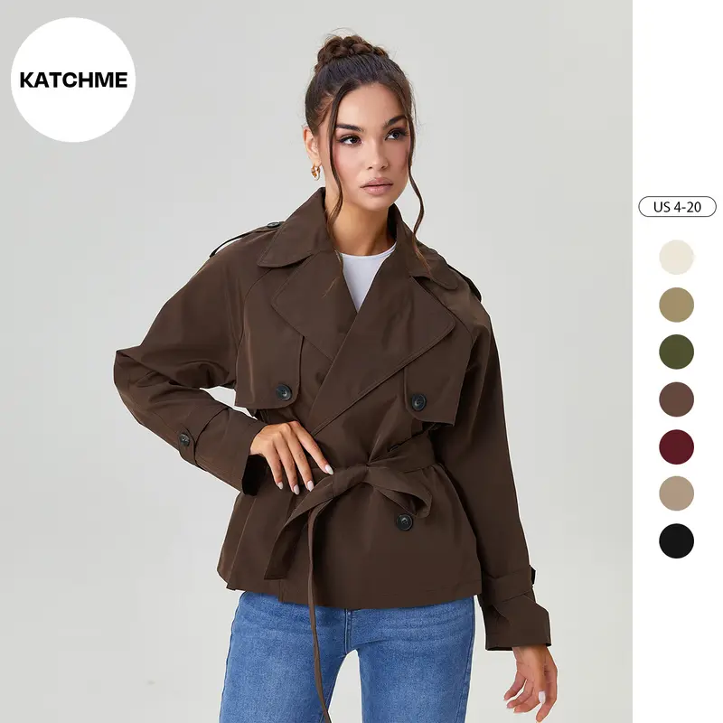 Katch Me Chic Women's Commuter Notch Lapel Double Breasted Detachable Belt Trench Coat, Fall & Winter Plain Wrap Tie Waist Outerwear Jacket, Elegant Trench Coat