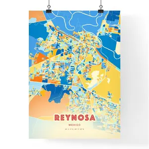 Colorful Reynosa Mexico Blue Orange Fine Art Print Reynosa Mexico City Map Customizable Poster Print Unique Wall Decor Personalized Gift