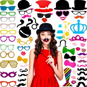 60 Pieces Photo Booth Props DIY Kit Graduation Funny Selfie Props Accessories for Wedding Prom Party Supplies Favors with Mustache on a Stick, Hats, Glasses, Mouth, Bowler, Bowties