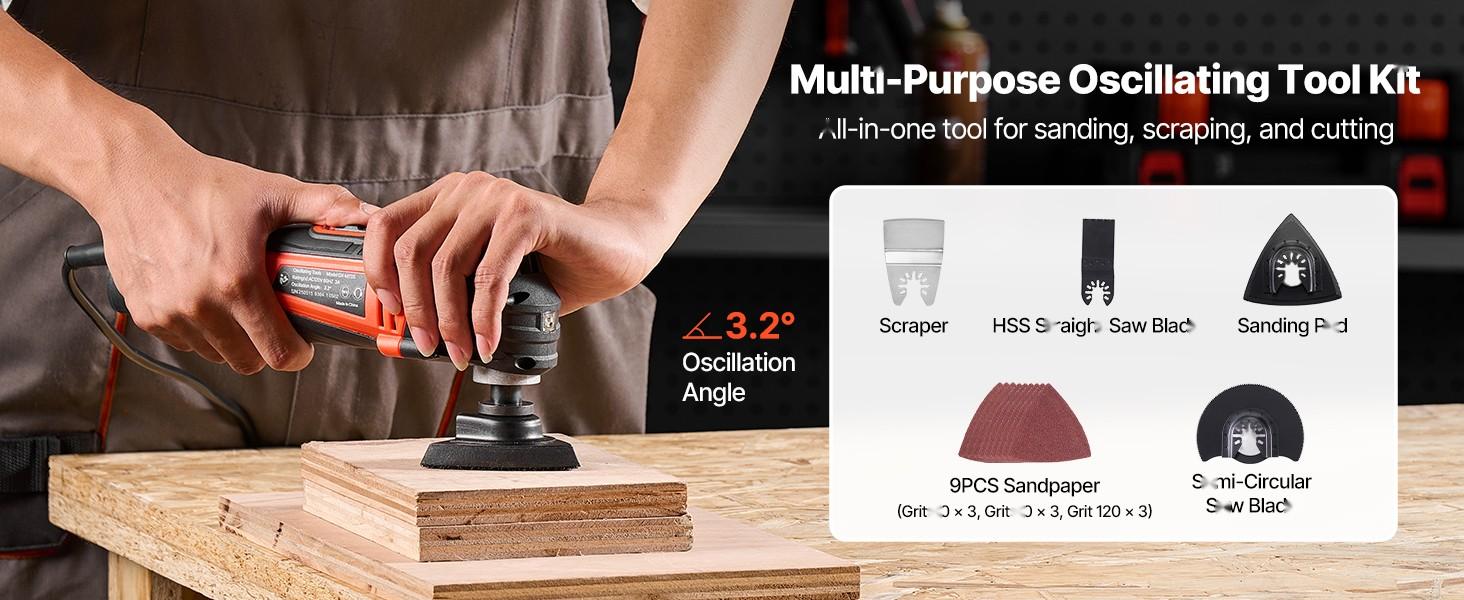 Multitool Oscillating Tool for Precision Cutting and Sanding, 4 Amp Corded Power, Variable Speed Control with 6 Settings, Quick Change Accessory System, Ergonomic Handle, Durable Construction for DIY Projects and Professional Use