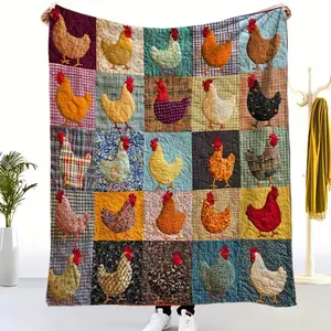 1pc Ultra-Soft Colorful Chicken Patchwork Print Flannel Throw Blanket - All-Season Twin Size Blanket for Bed, Couch, Chair, Office, and Camping - Perfect Cozy Sofa Gift Idea, Allseason Blanket | Vintage Style Blanket | Animal Blankets | Polyester Fiber