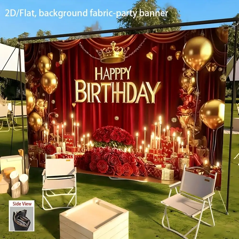 2D Flat Golden Birthday Party Banner, Polyester Wall Hanging Backdrop with Balloons, Candles, Elegant Red-Golden Decoration for 1st Birthday, No-Power Indoor-Outdoor Home Festive Supplies, First Birthday,summerwins