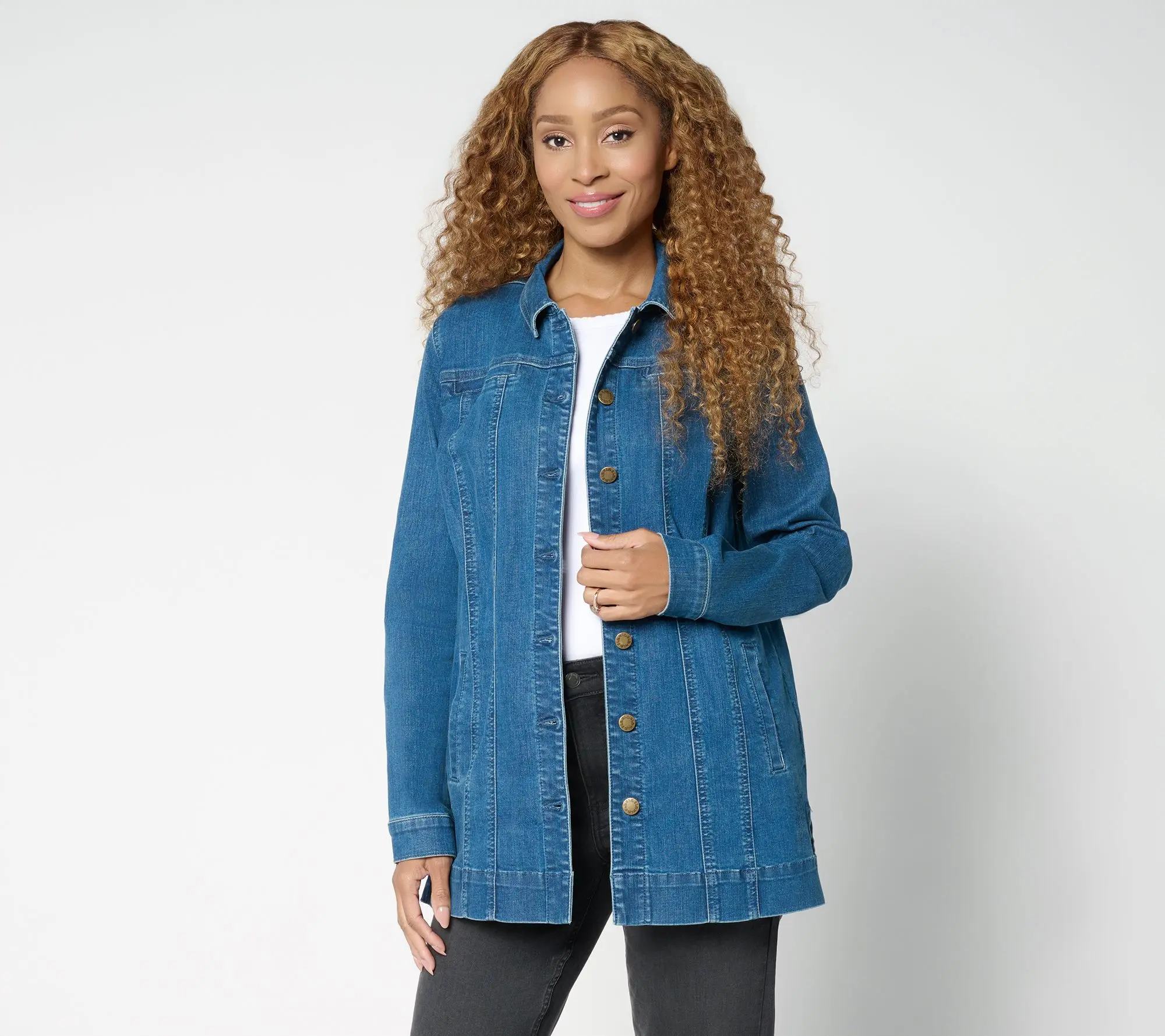 Belle Boho by Kim Gravel Petite Stretch Denim Long Ranch Jacket Belle Boho by Kim Gravel Petite Stretch Denim Long Ranch Jacket