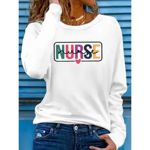 Latest Design Nurse-Themed Printed T-Shirt, Casual Round-Neck Base Layer, Long-Sleeve T-Shirt for Spring And Summer Vacations, Women'S, New Women'S Clothing, Machine Washable.