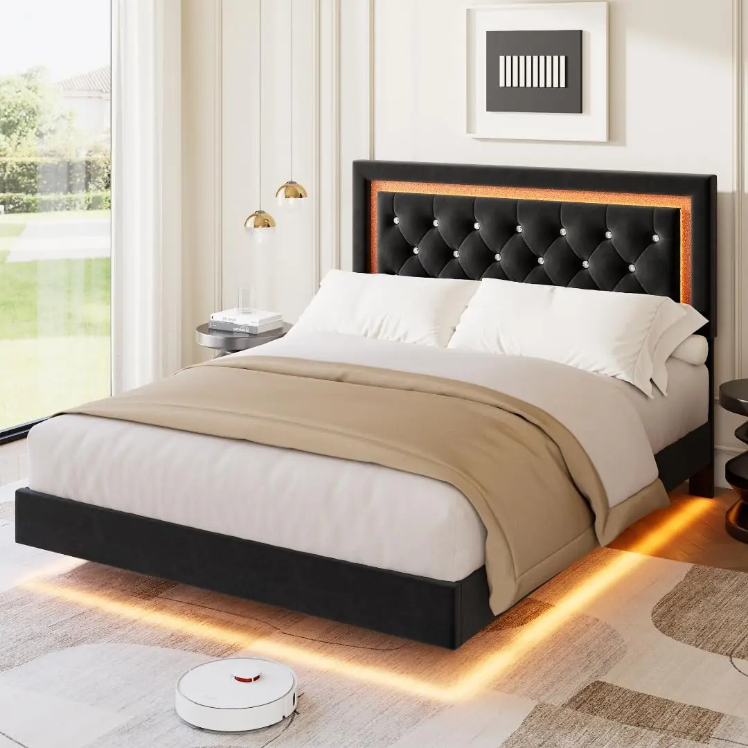 Garvee Queen Upholstered Diamond Stitch LED Headboard Platform Bed Frame - Stable, Strong, 77.71 lbs, Smart LED Lights, Sturdy Wood Slats, Noise-Free, Easy Assembly, Storage Headboard, Floating Design Indoor Furniture for Queen Mattress, Floating Bed Fram